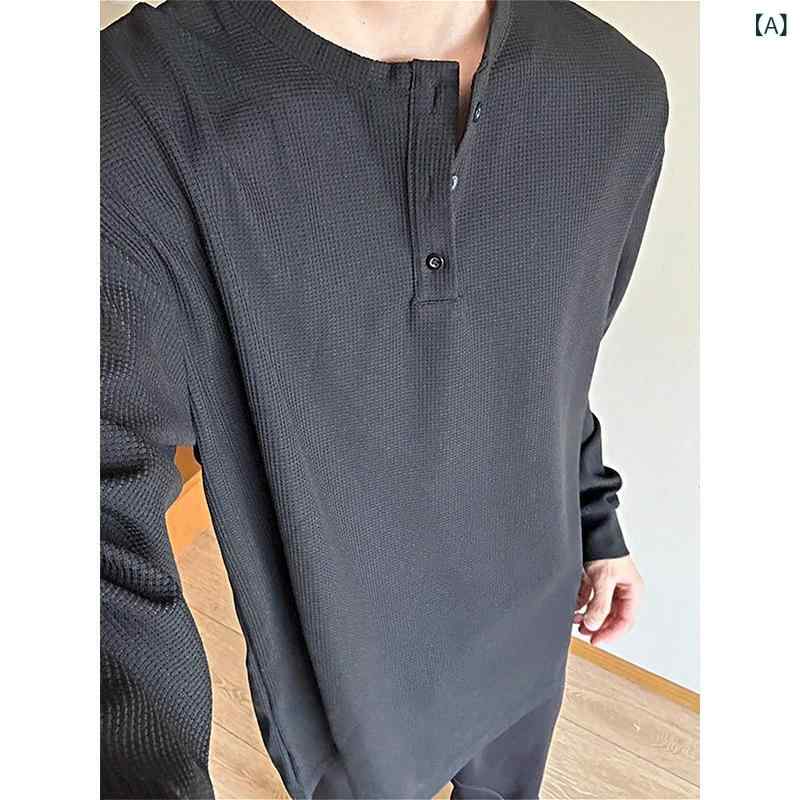 Rakuten - Tシャツ メンズ グレー ヘンリーネック 長袖 ワッフル生地 ゆったり ルーズフィット カジュアル アメカジ 大人カジュアル レトロ ヴィンテージ カットソー トップス 春秋 普段使い ドロップショルダー ポリエステル 無地