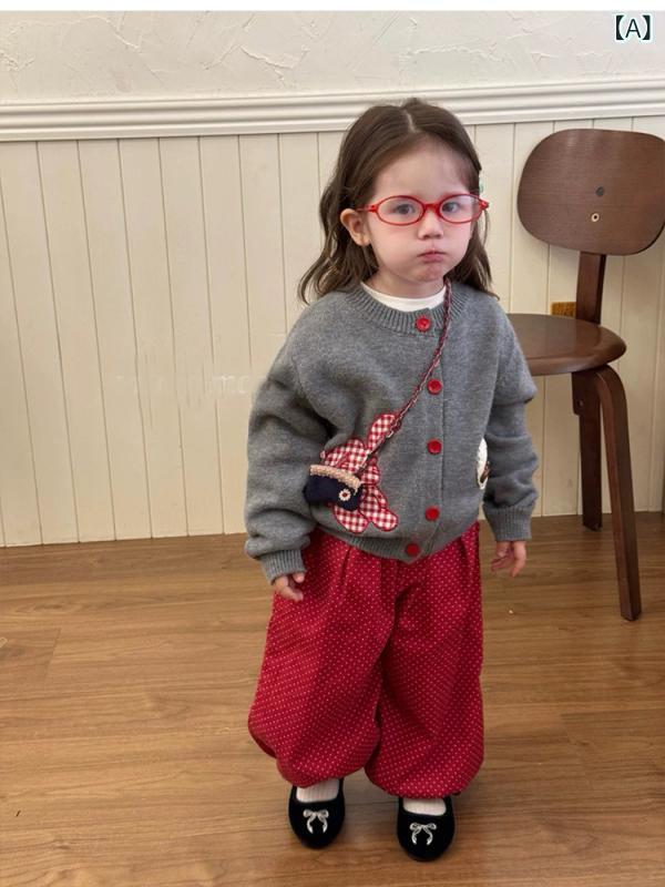 ニットカーディガン キッズ 女の子 韓国風 秋冬 かわいい キャラクター アップリケ 長袖 シングルボタン 綿 トップス アウター ラウンドネック 無地 チェック柄 普段使い 通園 お出かけ カジュアル ソフト