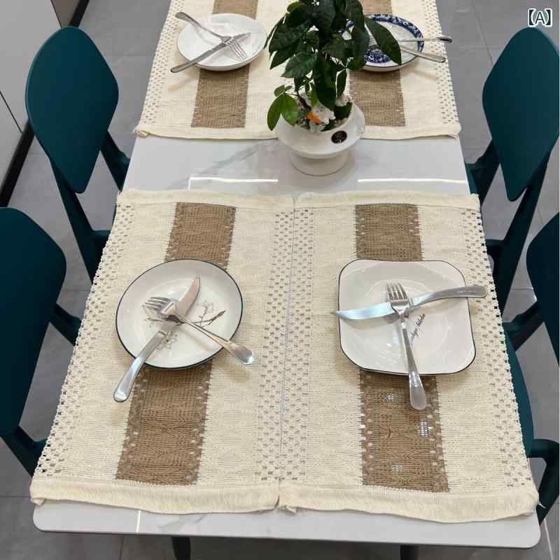 ランチョンマット 綿麻 コットンリネン ロープ編み 切り替え ストライプ フリンジ 欧風 ナチュラル カジュアル 食卓敷物 ダイニング リビング インテリア