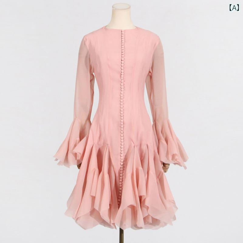 ワンピース レディース ベトナム風 エレガント 上品 ラウンドネック フリル フレアスリーブ ウエストマーク 着痩せ 体型カバー ミディ丈 ポリエステル 通勤 オフィス デート お呼ばれ 春夏 ブラック ホワイト