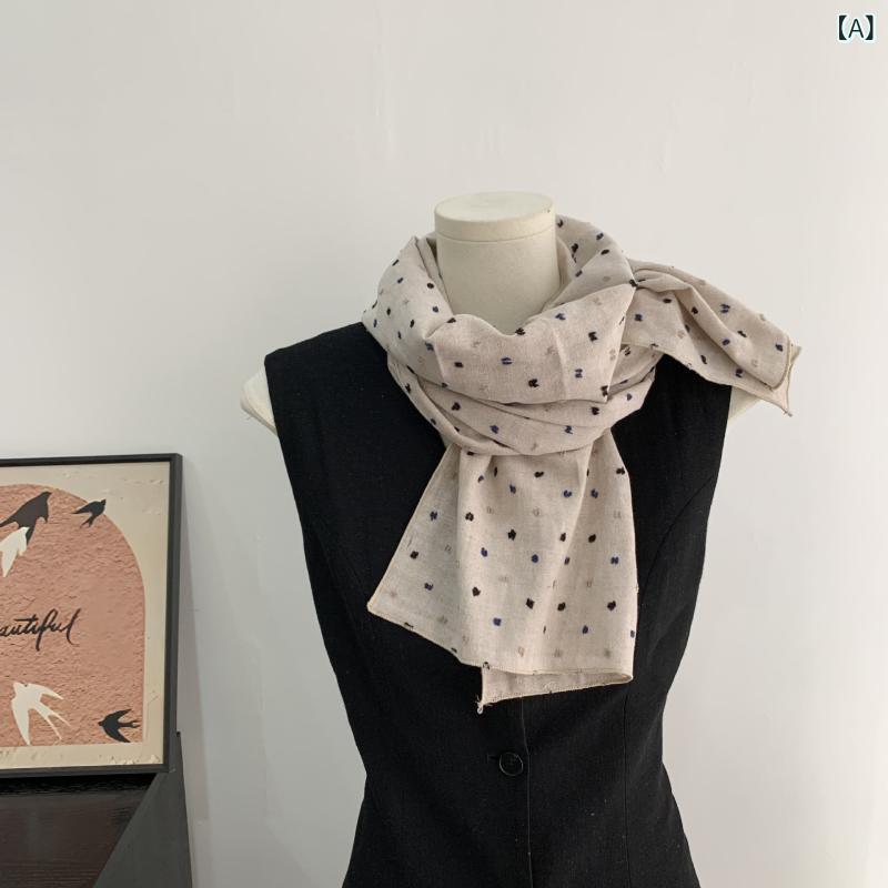 ストール レディース 女性用 ベージュ 小さなドット柄 綿麻 コットンリネン ロング丈 ショール スカーフ 韓国風 薄手 春夏秋冬 普段使い ボヘミアン レトロ 民族風(4)