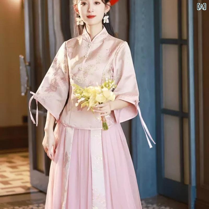 ドレス レディース ブライズメイドドレス 秋冬 中華風 長袖 ロング丈 小柄向け 低身長 高級感 上品 エレガント フォーマル 結婚式 お呼ばれ パーティー ゲスト ピンク