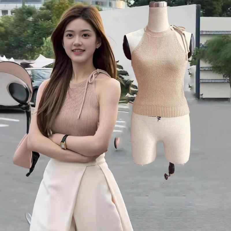 トップス レディース 春夏 ニット キャミソール ノースリーブ ホルターネック 紐付き スリム 細見え インナー レイヤード 通勤 オフィス カジュアル 上品 ウール混 伸縮性 カーキ