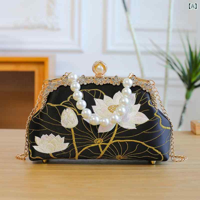 バッグ レディース 中国風 チャイナドレス レトロ がま口 パールチェーン 金色の蓮柄 和モダン ハンドバッグ スクエア型 コンパクト 普段使い パーティー 結婚式 フォーマル ポリエステル