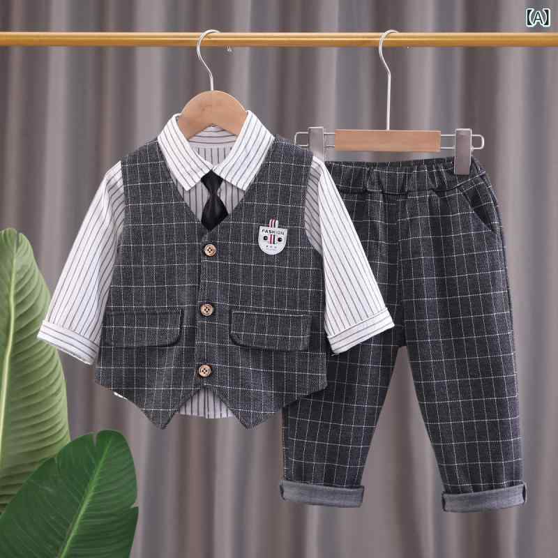 キッズ ベビー 男の子 スーツ 3点セット ジャケット ベスト ジレ ネクタイ 学院風 プレッピー チェック柄 ストライプ柄 春秋 おしゃれ 上品 柔らかい 綿 コットン 発表会 入園式 卒園式 結婚式 フォーマル 七五三