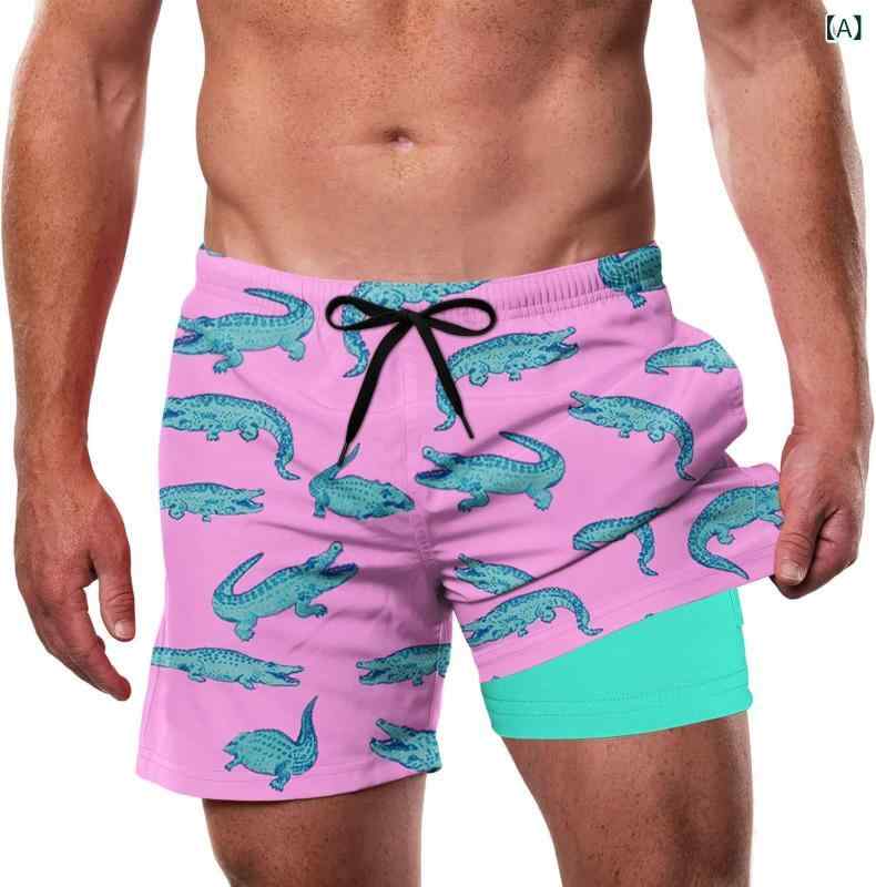 ビーチパンツ メンズ 男性用 3Dデジタルプリント コンプレッションインナー付き 二重構造 薄手 軽量 速乾 伸縮性 ポリエステル 総柄 春夏 リゾート レジャー