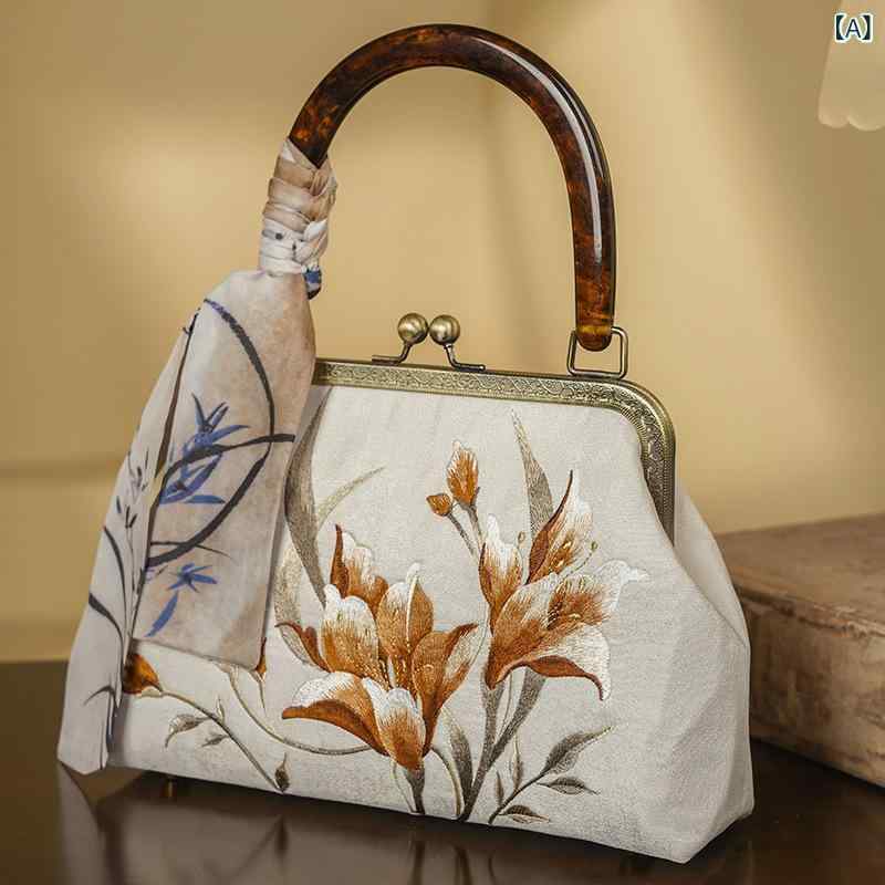 ハンドバッグ 和風 刺繡 竹柄 スクエア型 ミニバッグ チャイナドレス 宴会 パーティー フォーマル 普段使い ポリエステル製 チェーンストラップ ロック開閉 横型 高級感 鞄(x2)