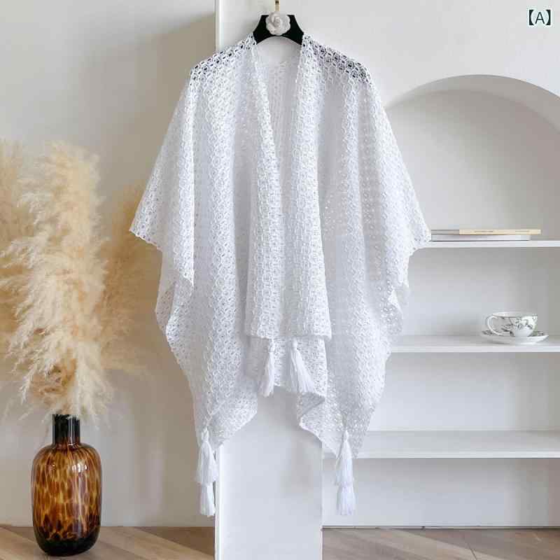 ショール レディース 春夏 無地 透かし編み ニット フリンジ ポリエステル 羽織り 薄手 軽量 ミドル丈 ..