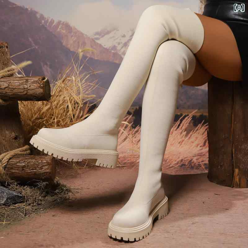 ソックスニーハイブーツ レディース 女性用 大きいサイズ ヒョウ柄 厚底 ラウンドトゥ 細見え ストレッ..