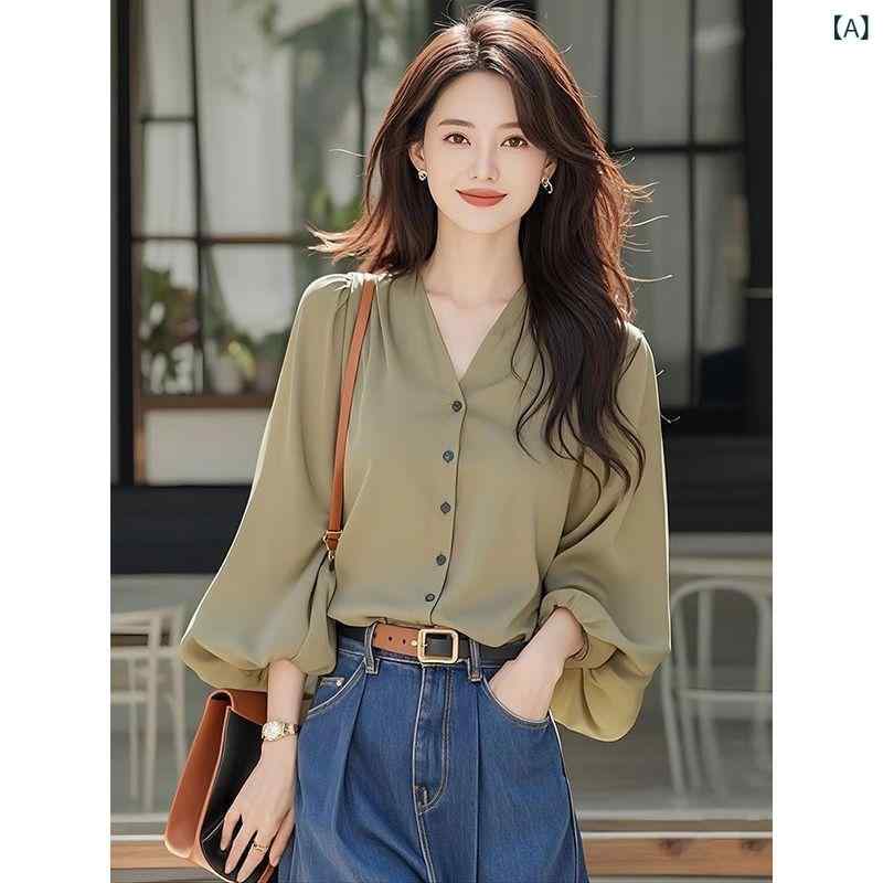 ブラウス レディース 長袖 Vネック シフォン フレンチシック エレガント きれいめ 上品 ゆったり ベーシック ポリエステル 通勤 オフィス 秋冬 トップス