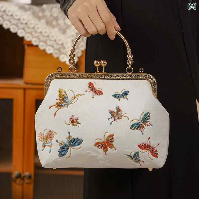バッグ チャイナドレス風 バタフライ刺繍 スクエア型 ハンドバッグ 手提げ鞄 レトロ 古風 パーティー 結婚式 フォーマル 普段使い デイリー チェーンストラップ ロック金具 ポリエステル 内ポケット 仕切り(x2)