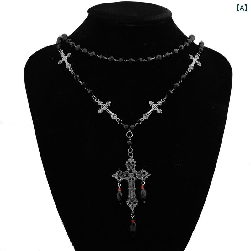 ネックレス レディース メンズ 黒 ゴシック 十字架 ビーズ チタン合金 ロング チェーン 個性的 高級感 ..