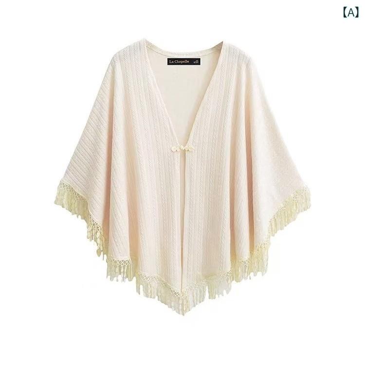 ショール レディース オフホワイト ベージュ ホワイト フリンジ レース 透かし編み ポリエステル ニッ..