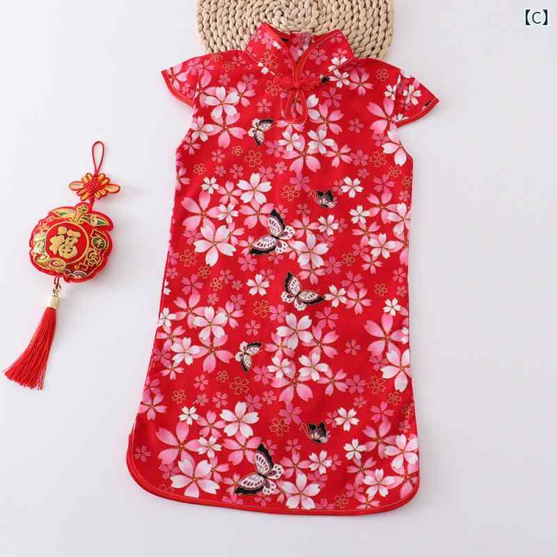 チャイナドレス 女の子 キッズ ワンピース 中国風 改良デザイン フォーマル 礼服 新年 お祝い クリスマス パーティー 発表会 ポリエステル 春夏 レッド