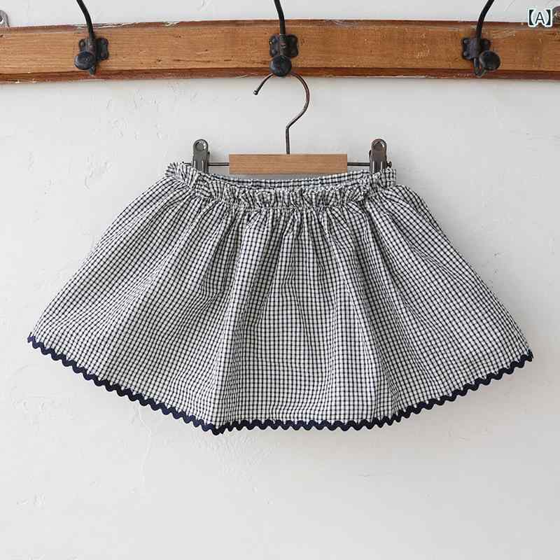 スカパン 女の子 キッズ 子供用 韓国風 お嬢様風 チェック柄 フリル Aライン 綿 コットン 普段使い 通園 通学 春夏