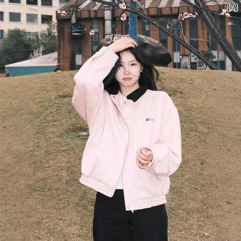 乐天商城 - ジャケット 男女兼用 ユニセックス スエード 襟付き ショート丈 ジップアップ ゆったり ルーズシルエット ストリート アメカジ カジュアル 長袖 春秋 中厚手 イージーケア アウター ピンク ブルー
