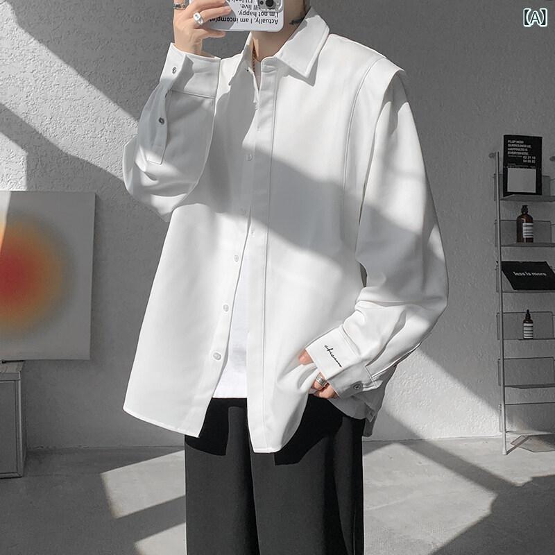 ・カテゴリ: シャツ・スタイル: 韓国風・種類: 開襟・主な素材: ポリエステル・素材構成比: ポリエステル 51～70%・生地番手: 20番手・ネックライン: 襟付き・袖丈: 長袖・柄: 無地・厚さ: 普通・シルエット: ルーズフィット・デザイン: ステッチ・加工: パッチワーク、切り替え・着用シーン: デイリーユース・対象: メンズ・カラー展開: ホワイト、ブラック・サイズ展開: M、L、XL、2XL、3XL