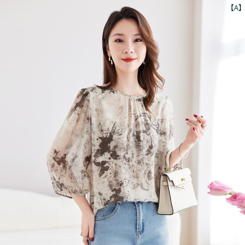 シャツ レディース レトロ クラシカル シルク 絹 プリント 小花柄 総柄 ゆったり 体型カバー ラウンド..