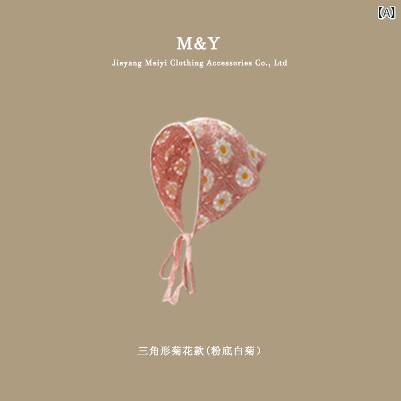 ヘッドスカーフ レディース フレンチ風 田園風 ニット 透かし編み かぎ針編み ドーパミンカラー カラフル 花柄 デイジー柄 チェック柄 三角スカーフ 春夏 写真映え 撮影 旅行 普段使い