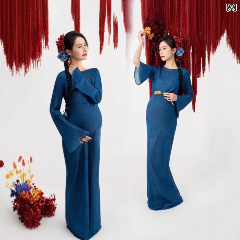 ドレス マタニティ 妊婦 フォト撮影 衣装 新中華風 モダンチャイニーズ レトロ クラシカル ゆったり リラックス 上品 エレガント ロング丈 長袖 ポリエステル 無地 秋冬