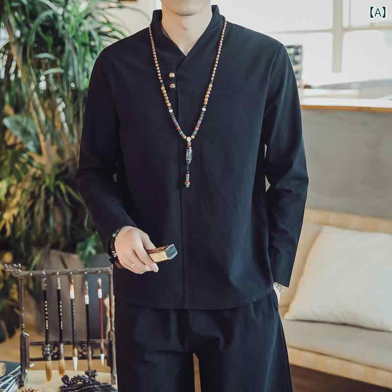 セットアップ メンズ 男性用 春夏 新チャイナ風 レトロ エスニック 禅服 茶道服 普段着 ルームウェア リネン 麻 綿麻混 長袖 Tシャツ 2点セット
