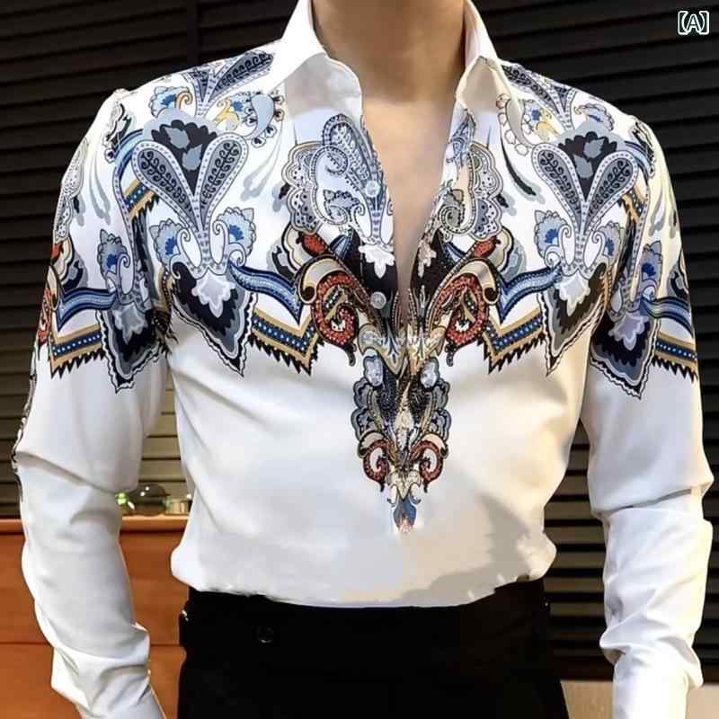シャツ メンズ 男性用 高級感 華やか 左右対称柄 個性的 都会的 ジェントルマン スリムフィット 細身 長袖 裏起毛 暖か 配色 プリント..