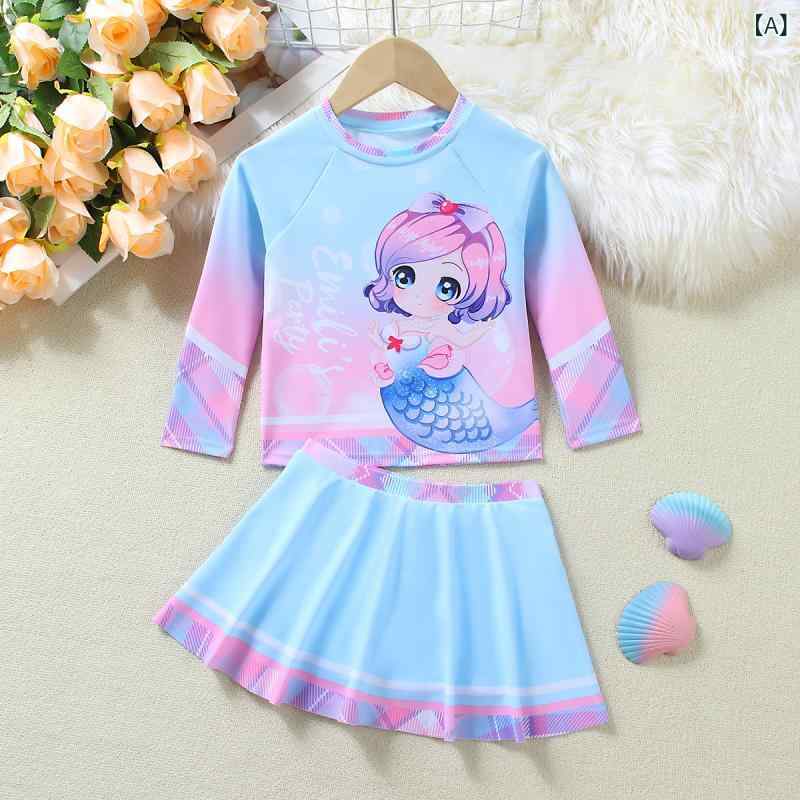 水着 女の子 キッズ ジュニア ガールズ セパレート 長袖 ショート丈スカート 人魚 マーメイド かわいい UVカット 日焼け防止 速乾 吸水速乾 スカイブルー プール ビーチ 海水浴 スイミング 春夏 ポリエステル