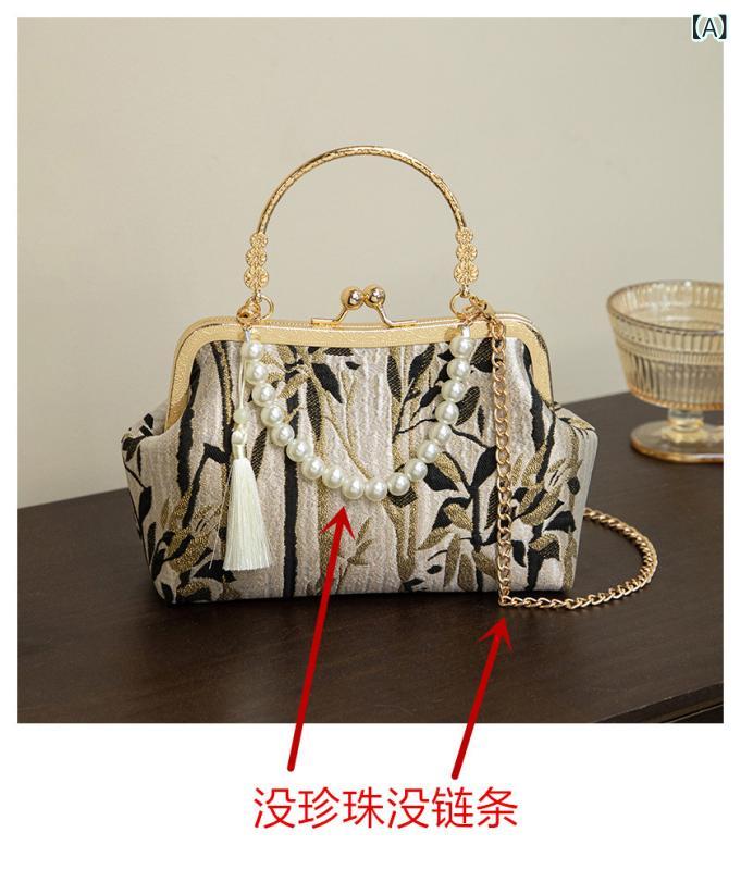 バッグ レディース 布製 綿麻 カーキ がま口 チェーン ミニバッグ 高級感 バンブーモチーフ スクエア 横型 ハンドバッグ パーティー 結婚式 披露宴 晩餐会 チャイナドレス フォーマル ロック金具 内ポケット