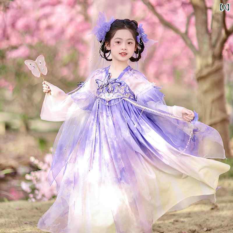 ワンピース 女の子 子供 漢服風 中国風 古風 民族衣装 ドレス プリンセス 発表会 イベント 記念撮影 シフォン 花柄 薄手 優雅 エレガント 春夏 ポリエステル