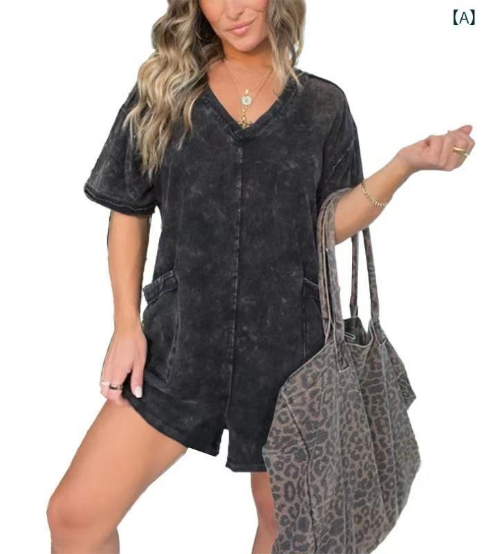 オールインワン レディース 大きいサイズ 女性用 Vネック カジュアル ウォッシュ加工 ニット 綿 コンビネゾン リラックス 九分丈 黒 ブラック 春夏 五分袖