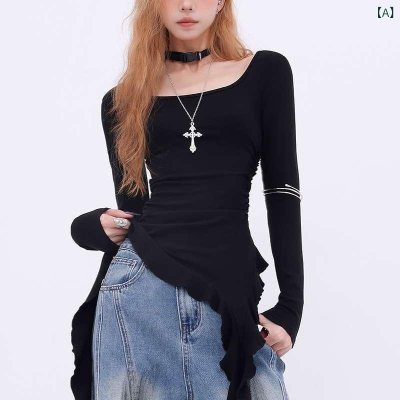 樂天商城 - Tシャツ レディース 女性用 ブラック 黒 長袖 ボートネック フリル リボンタイ ウエストギャザー プリーツ デザイン おしゃれ 個性的 トレンド 上品 大人カジュアル 秋冬 ポリエステル カットソー