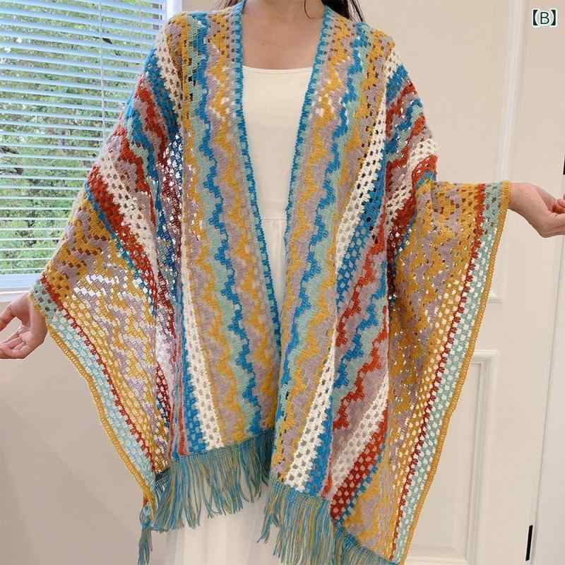 ショール レディース ポンチョ ケープ 波柄 ウェーブ ロング丈 フリンジ カシミヤブレンド レトロ ヴィンテージ エスニック スリット 防寒 保温 旅行 お出かけ 普段使い