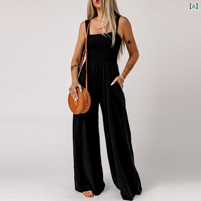 オールインワン レディース 女性用 ニット オフショルダー ハイウエスト ワイドパンツ シャーリング ポリエステル 薄手 ストレッチ ベーシック シンプル リラックス カジュアル 黒 ブラック 春夏