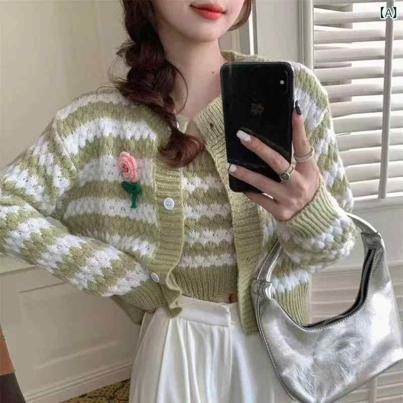 ニット レディース 秋冬 刺繡 花柄 ストライプ 切り替え カーディガン ベスト ショート丈 長袖 ラウンドネック 2点セット アンサンブル オフィス カジュアル 通勤スタイル 着回し きれいめ