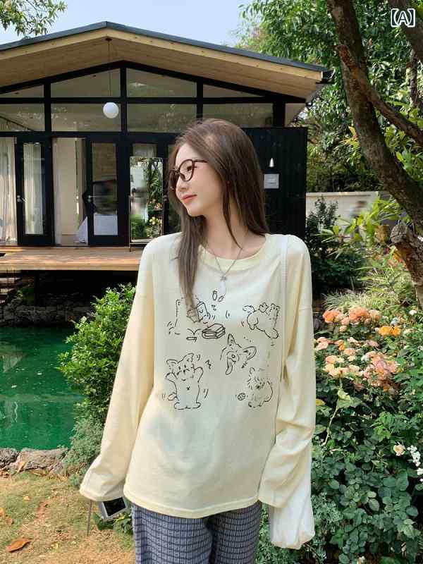 Rakuten - Tシャツ レディース かわいい子犬柄 ラウンドネック 長袖 春夏 薄手 ゆったり ルーズ UVカット 日焼け防止 体型カバー カジュアル リラックス ホワイト クリームイエロー ライトブルー