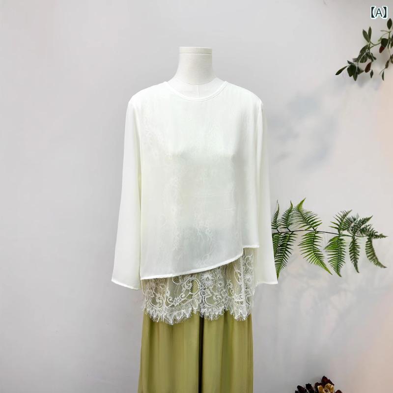 ブラウス レディース ネオチャイナ風 スタンドカラー レース ジャガード織り柄 長袖 レトロ ゆったり スタイルアップ ポリエステル 春夏 オフホワイト ブラック