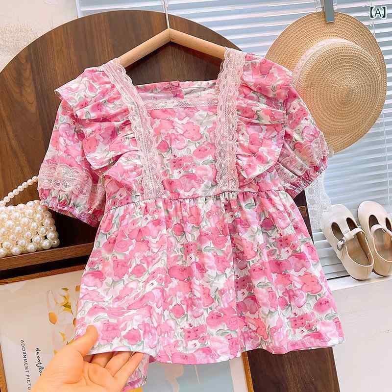 ブラウス ジュニア 女の子 秋冬 新作 おしゃれ かわいい 上品 長袖 小花柄 プリンセス風 スクエアネック 綿 ローズピンク ブルー トップス 普段使い お出かけ