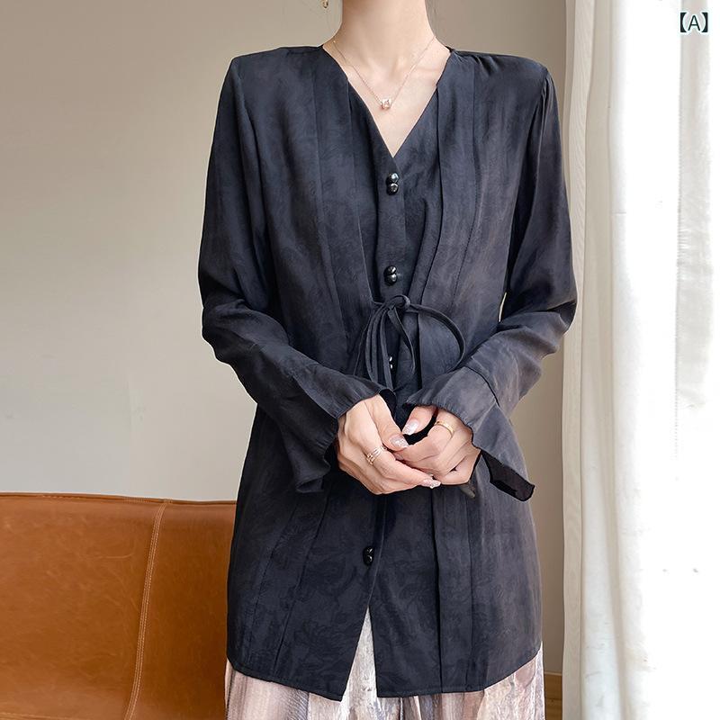 シャツ レディース 新中華風 テンセル リヨセル プリント柄 織り柄 フリル袖 長袖 Vネック UVカット 日焼け対策 上品 高級感 トップス ..