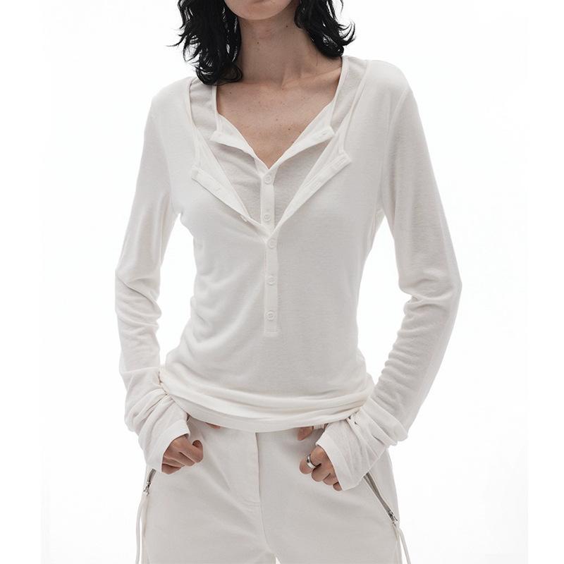 Tシャツ レディース ヘンリーネック フェイクレイヤード テンセル ウール混 ポリエステル 長袖 スリム 着痩せ効果 スタイルアップ デザイン カットソー トップス きれいめ 普段使い フェミニン(x2)