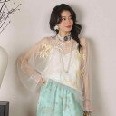 ブラウス レディース チャイナ風 刺繍 花柄 シアー チュール 斜め襟 リボン 長袖 細見え 体型カバー ラウンドネック ポリエステル 春夏 ホワイト レトロモダン