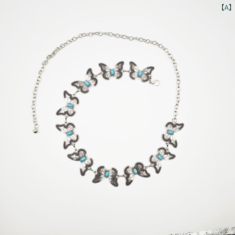 ウエストチェーン レディース エレガント レトロ ヴィンテージ ターコイズ メタル チェーンベルト エス..