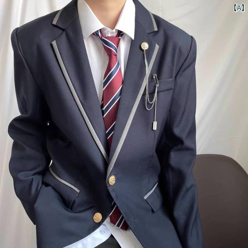 テーラードジャケット メンズ スクールブレザー 学生服 制服風 キャンパス プレッピー ゆったり ルーズフィット ノッチドラペル ポリエステル ネイビー 紺 春 カジュアル 通学 着回し