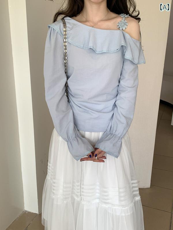 ブラウス レディース 韓国風 デザイン アシンメトリーネック 立体花 ストラップ 個性的 プルオーバー 無地 コットン レーヨン混 標準丈 夏 ブルー カジュアル