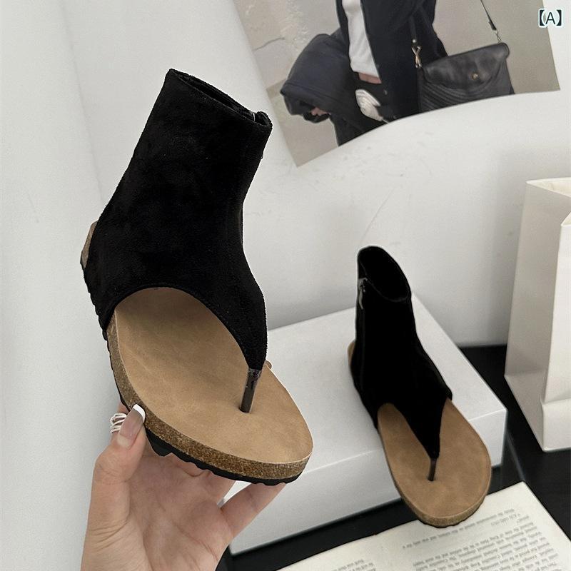 サンダルブーツ レディース 韓国風 トング フラット ローマ風 レトロ ショート丈 万能 スクエアトゥ ラインストーン マイクロファイバー ラバーソール 春夏 ブラック カーキ