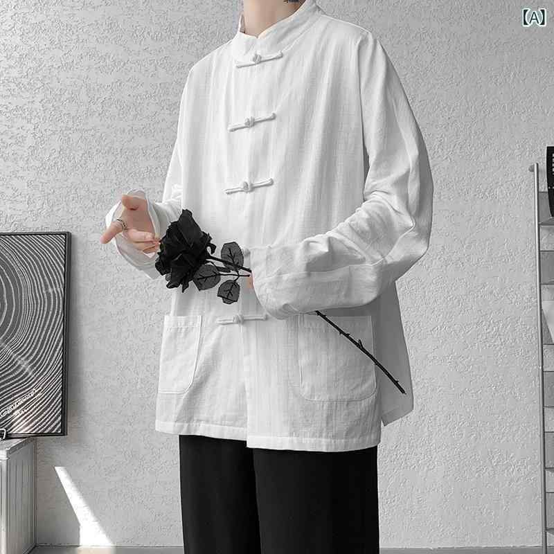 シャツ メンズ 新中華風 チャイナボタン 麻 リネン 長袖 中国風 大きいサイズ ビッグシルエット ゆった..