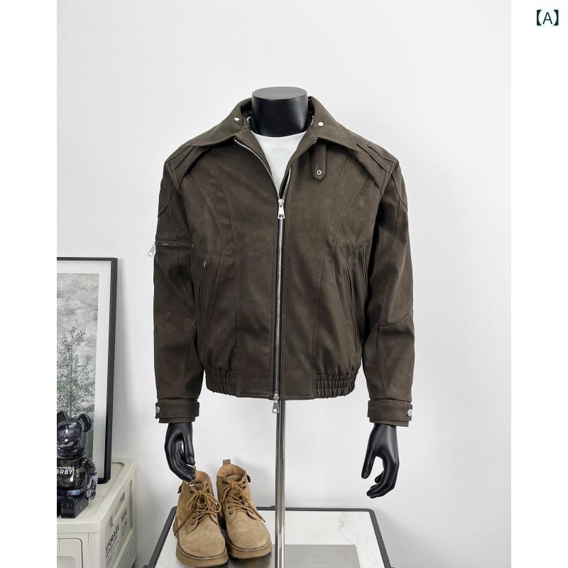 PUレザージャケット メンズ アメリカンカジュアル クリーンフィット ルーズフィット 秋冬 厚手 再構築デザイン ハンティングジャケット..