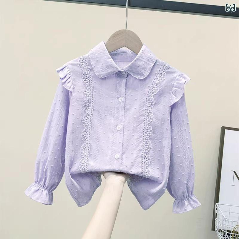 Occidental Goods - シャツ 女の子 キッズ ジュニア 長袖 綿 コットン 韓国風 ポロ襟 フリル 無地 パープル ホワイト トップス 春夏 普段使い 通学着 フェミニン おしゃれ スイート
