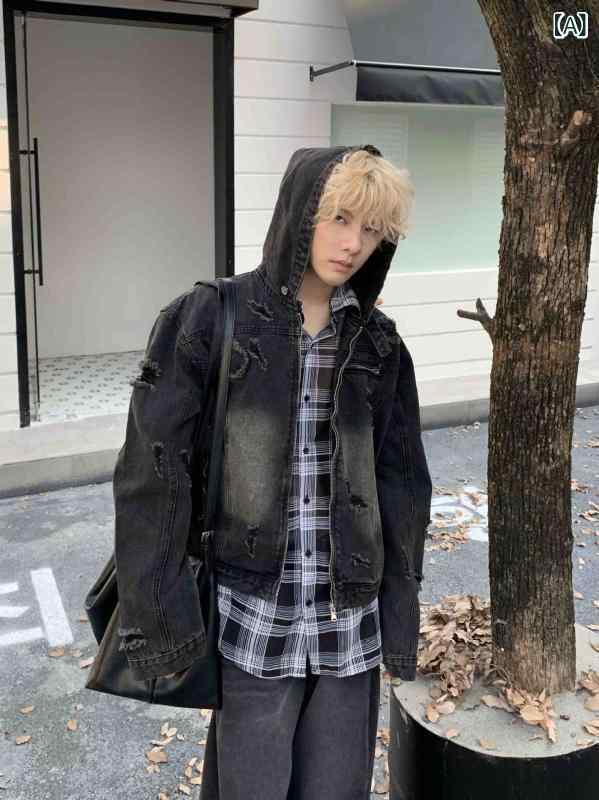 樂天商城 - デニムジャケット 男女兼用 アメカジ ストリート ウォッシュ加工 ダメージ加工 ユーズド加工 フード付き オーバーサイズ ルーズシルエット コットン カジュアル 普段使い 春秋 ライトブルー ブラック