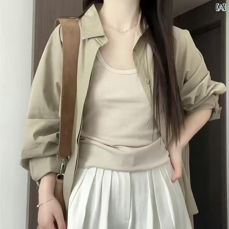 シャツ カーディガン レディース UVカット 長袖 ゆったり ルーズ ブラウス アウター 羽織り 春夏 ポリエステル グリーン ブルー ベージュ ホワイト カジュアル 通勤 オフィス デイリーユース おしゃれ デザイン ラウンドネック