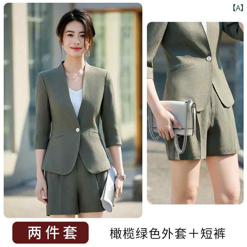 女裝 - ジャケット レディース ノーカラー ビジネス 通勤 オフィス フォーマル セットアップ ショートパンツ 春夏 低身長向け スリム 美シルエット 上品 ポリエステル混 ストレッチ 七分袖